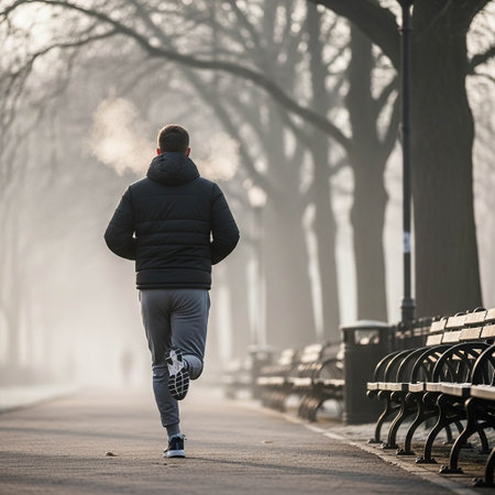 A solitary man in athletic wear runs down a misty park path lined with empty benches and bare trees, evoking a sense of quiet determination and morning exercise.の写真素材
