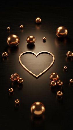 A golden heart outline is centered among various sized copper spheres on a dark reflective surface, evoking feelings of luxury, love, and warmth in a minimalist composition.の写真素材