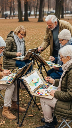 A group of seniors engage in outdoor painting, sitting and standing around easels in a park covered with fallen leaves, enjoying a creative session together.の写真素材