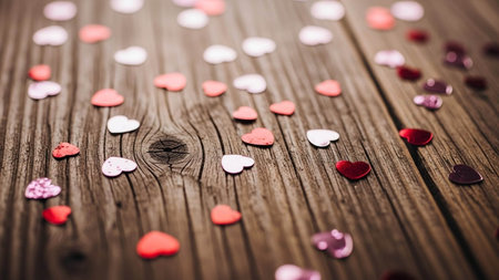 A rustic wooden table scattered with red, pink, and white heart-shaped confetti, creating a festive and romantic atmosphere for Valentine's Day or anniversary celebrations.の写真素材
