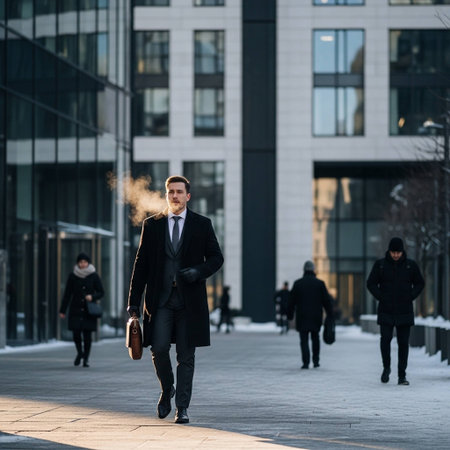 A well-dressed businessman walks down a city street on a cold winter day, surrounded by blurred figures of people, with steam rising from his mouth and a briefcase in hand.の写真素材