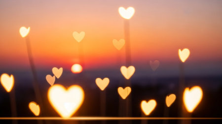 A serene sunset scene with glowing heart-shaped lights, creating a romantic ambiance. The warm colors of the sky complement the heart lights, evoking feelings of love and peacefulness.の写真素材