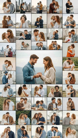 A heartwarming collage of romantic couples sharing intimate moments, showcasing love, affection, and togetherness in various settings and poses, ideal for relationship and Valentine's Day themes.の写真素材