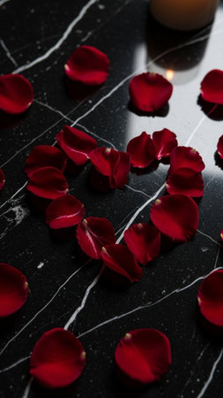 A heart shape formed by red rose petals on a black marble surface, with a lit candle in the background, creating a warm and intimate ambiance for a romantic evening.の写真素材