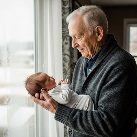 A tender moment of an elderly man cradling a newborn baby in his arms, gazing out the window with love and care, showcasing a heartwarming intergenerational bond.の写真素材