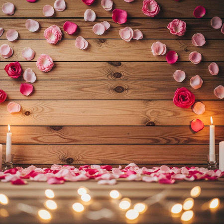 A warm and intimate setting featuring a wooden backdrop adorned with rose petals, lit candles, and string lights, perfect for romantic occasions and celebrations.の写真素材