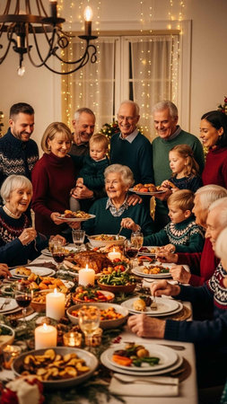 A multi-generational family gathers around a lavishly set table, sharing a festive Christmas meal with warm lighting and joyful atmosphere.の写真素材