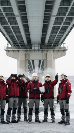 A team of workers in red jackets and hard hats stand under a large bridge, inspecting its structure on a cold and foggy day, conveying a sense of industry and teamwork.の写真素材