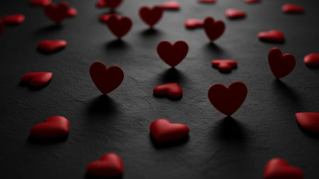A collection of small, red hearts scattered across a dark surface, creating a romantic and festive atmosphere, perfect for Valentine's Day or love-themed designs.の写真素材