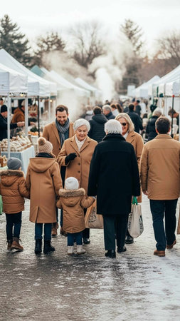A family of multiple generations walks through a bustling winter outdoor market with white vendor stalls, trees, and a gray sky in the background, conveying a sense of community and seasonal activity.の写真素材