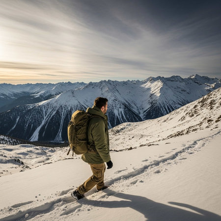 A man in a green jacket and backpack hikes through snow-covered mountains, leaving footprints in the pristine white landscape, with a breathtaking view of snow-capped peaks in the background.の写真素材