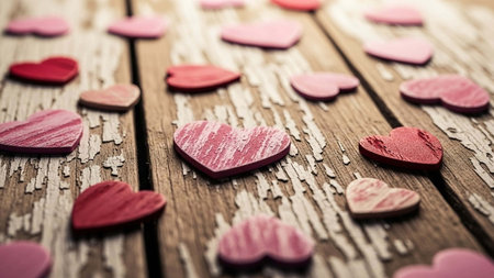 A rustic wooden table with scattered pink and red paper hearts, creating a romantic and festive atmosphere, perfect for Valentine's Day or love-themed celebrations.の写真素材
