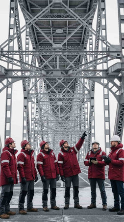 A group of construction workers in red jackets and hard hats inspect and discuss a large metal bridge structure, pointing out details on a gray, overcast day.の写真素材