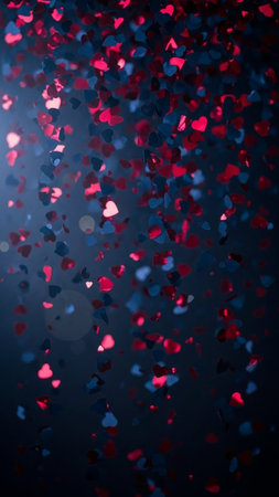 A vibrant and festive background featuring red, pink, and blue heart-shaped confetti scattered across a dark blue gradient, perfect for Valentine's Day, anniversaries, or joyful events.の写真素材