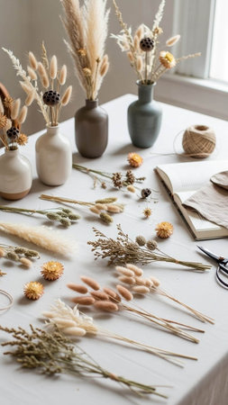 A serene workspace for creating floral arrangements, featuring vases, dried flowers, and crafting tools on a white table by a window, perfect for DIY projects or professional floristry.の写真素材