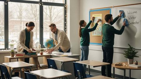 Four teachers are busy preparing a classroom for the winter semester, decorating the whiteboard, arranging desks, and organizing educational materials, creating a welcoming learning environment.の写真素材