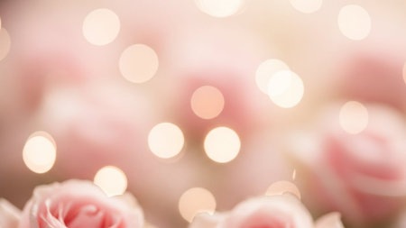 A serene and romantic background featuring soft pink roses with a warm bokeh lights effect, creating a dreamy and elegant atmosphere perfect for special occasions and celebrations.の写真素材