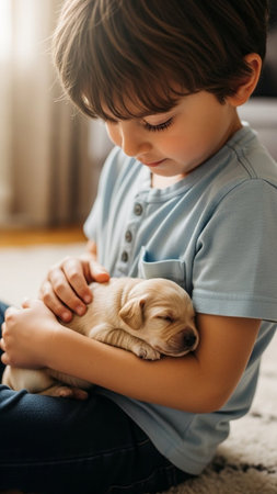cute little boy holding labrador puppy while sitting on floor at homeの写真素材