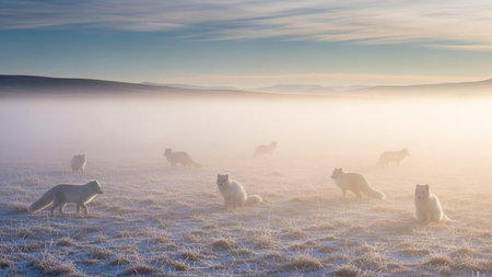 A pack of arctic wolves wander through a snowy field shrouded in fog under a serene sunrise sky, capturing a moment of wild beauty and tranquility in the frozen landscape.の写真素材