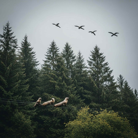 A serene scene of birds perched on power lines with a backdrop of tall pine trees and a flock of birds flying in the overcast sky, evoking a sense of calm and tranquility.の写真素材