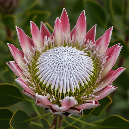 A stunning close-up of a pink and white King Protea flower, showcasing its unique, spiky petals and intricate center, set against a lush green background.の写真素材