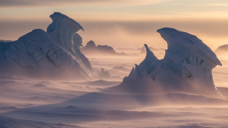 Majestic ice sculptures emerge from snowy terrain as misty winds blow, set against a breathtaking sunrise sky with warm hues and soft clouds in the Arctic wilderness.の写真素材