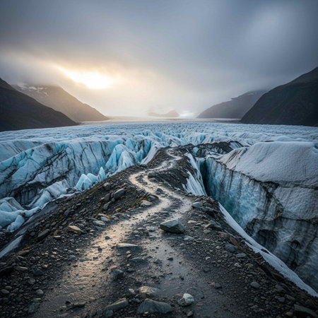 A breathtaking landscape of a glacier with icy terrain, surrounded by mountains and a cloudy sky at sunrise, showing nature's serene and rugged beauty.の写真素材