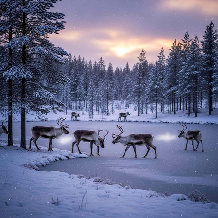 A herd of reindeer crosses a frozen lake in a serene snowy forest landscape during sunset, with snow-covered trees and a purple sky in the background.の写真素材