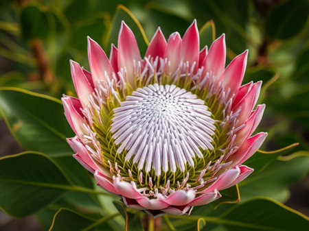 A close-up of a vibrant pink King Protea flower, showcasing its unique white center and delicate petals, surrounded by lush green leaves in a natural setting.の写真素材