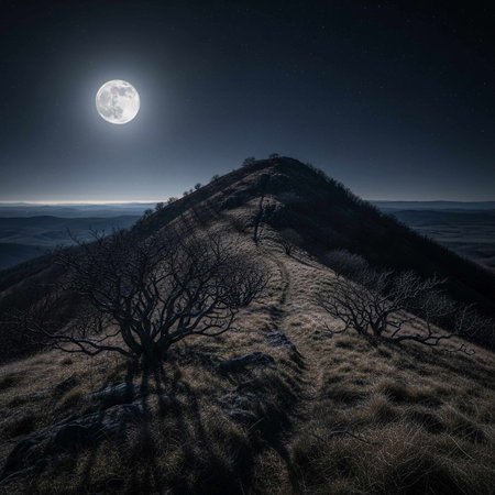 A serene nighttime scene featuring a mountain peak illuminated by a full moon, surrounded by barren trees and a vast, dark landscape stretching into the distance.の写真素材