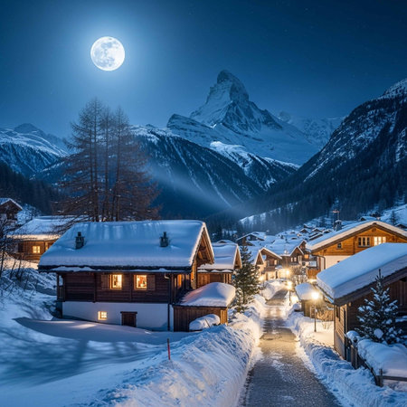 A serene winter scene of a snow-covered village nestled in the mountains, with wooden houses and a full moon shining brightly in the night sky, creating a peaceful and idyllic atmosphere.の写真素材