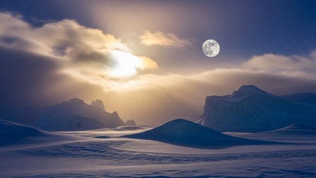 Serene winter scene featuring snow-covered mountains, a full moon, and sun rays peeking through clouds, creating a breathtaking and peaceful atmosphere at dusk.の写真素材