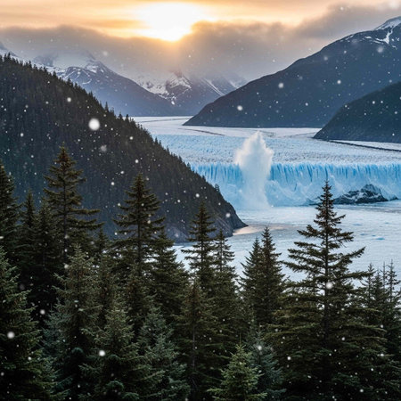 A breathtaking winter scene featuring a glacier, snow-capped mountains, and evergreen trees under a serene sunset sky with snowfall, evoking a sense of tranquility and natural beauty.の写真素材