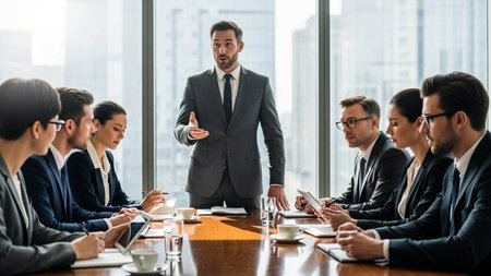 A professional businessman stands presenting to a group of colleagues seated around a large wooden conference table in a modern office with a city view background.の写真素材