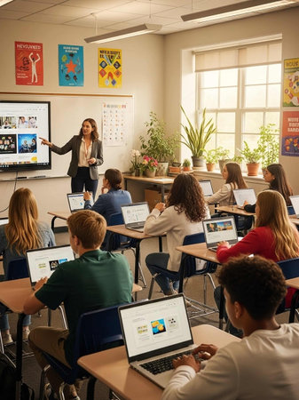 A teacher stands at the front of a classroom, pointing at an interactive whiteboard while students sit at desks with laptops, engaged in a lesson in a bright and airy room with plants and posters.の写真素材