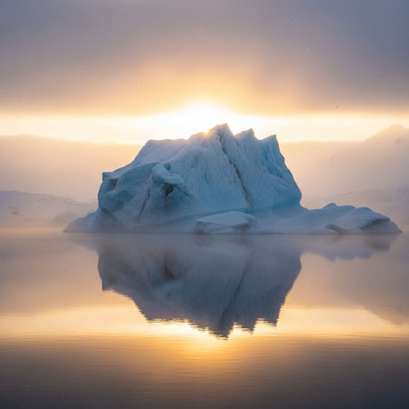 A majestic iceberg floats in still waters, reflecting the vibrant colors of a sunrise, creating a serene and breathtaking scene of natural beauty and tranquility.の写真素材