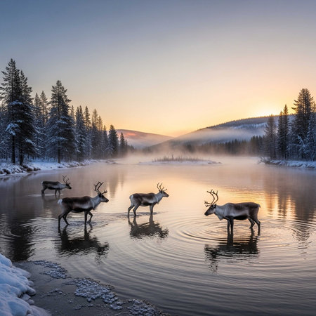 A tranquil winter scene featuring reindeer wading through a calm lake, surrounded by snow-covered evergreen trees and a breathtaking sunrise over rolling hills.の写真素材