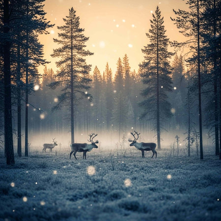 Serene winter scene featuring reindeer walking through a snowy forest with tall evergreen trees, snowfall, and a warm sunset glow in the background, evoking a peaceful atmosphere.の写真素材