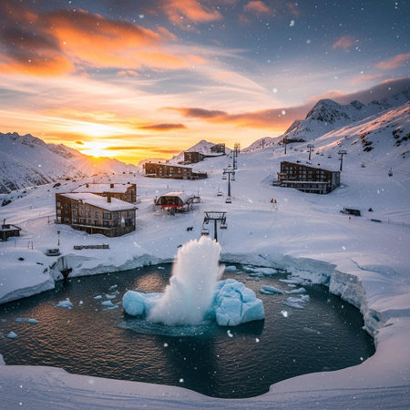 A serene winter scene of a snowy mountain resort with a geothermal hot spring erupting in the foreground, surrounded by buildings and ski lifts under a vibrant sunset sky.の写真素材