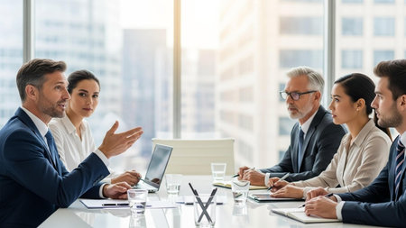 A group of diverse business professionals engaged in a meeting, sitting around a table with laptops and notepads, discussing ideas and strategies in a modern office with city view.の写真素材