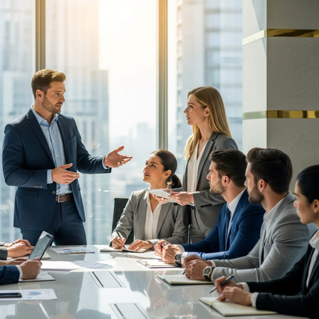 A group of professionals engaged in a meeting, discussing and planning in a modern office with a city view, showcasing teamwork, collaboration, and business strategy.の写真素材