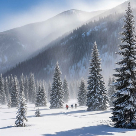 A serene winter scene featuring skiers in a snowy valley surrounded by snow-covered evergreen trees, with a majestic mountain range in the background shrouded in fog and sunlight.の写真素材