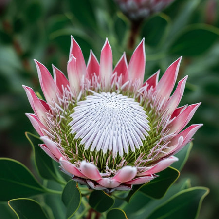 A close-up of a stunning pink King Protea flower with delicate white and green center, surrounded by lush green leaves in a natural setting.の写真素材