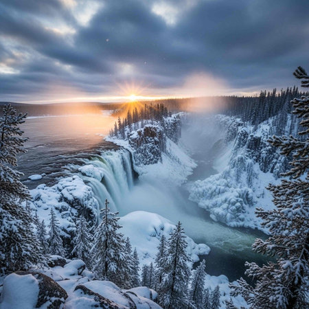 A breathtaking winter landscape featuring a snow-covered waterfall, frozen cliffside, and serene sunset over a tranquil body of water, surrounded by evergreen trees and rugged terrain.の写真素材