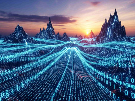 A surreal digital landscape featuring a mountain range at sunset, overlaid with glowing blue binary code, creating a futuristic and technological atmosphere.の写真素材