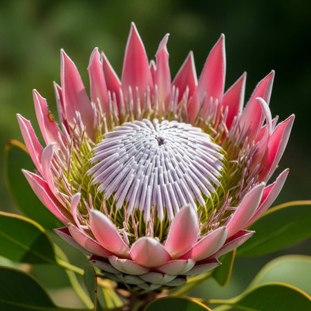 A stunning close-up of a pink King Protea flower, showcasing its unique white center and delicate pink petals, set against a blurred green background, highlighting its natural beauty.の写真素材