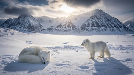 Two white arctic foxes in a serene snowy landscape with majestic snow-capped mountains and a dramatic cloudy sky, one fox resting and the other standing alert.の写真素材