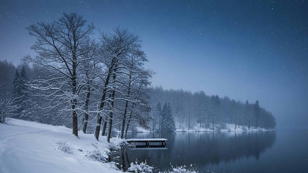 Serene winter landscape featuring a snow-covered dock, trees, and lake under a starry night sky, evoking a peaceful and calm atmosphere.の写真素材