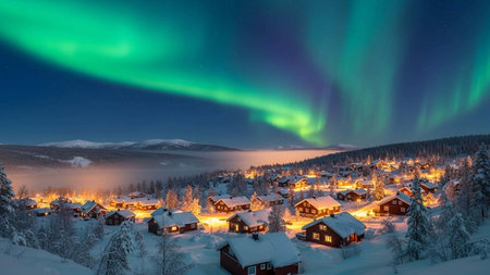 A serene snowy village is bathed in warm light under the breathtaking display of the Northern Lights, with snow-covered houses and trees set against a vibrant green and blue night sky.の写真素材