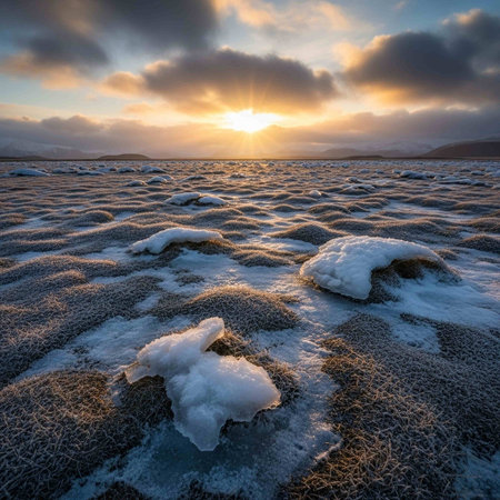 A serene winter scene featuring a frozen landscape with snow-covered terrain, set against a backdrop of clouds and a vibrant sunset with warm golden light.の写真素材